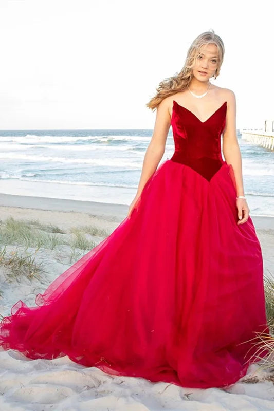 Vestidos formales para mujer, sin tirantes, de tul burdeos, vestido de fiesta de tul, top de terciopelo, escote en V / Tienda de vestidos de fiesta